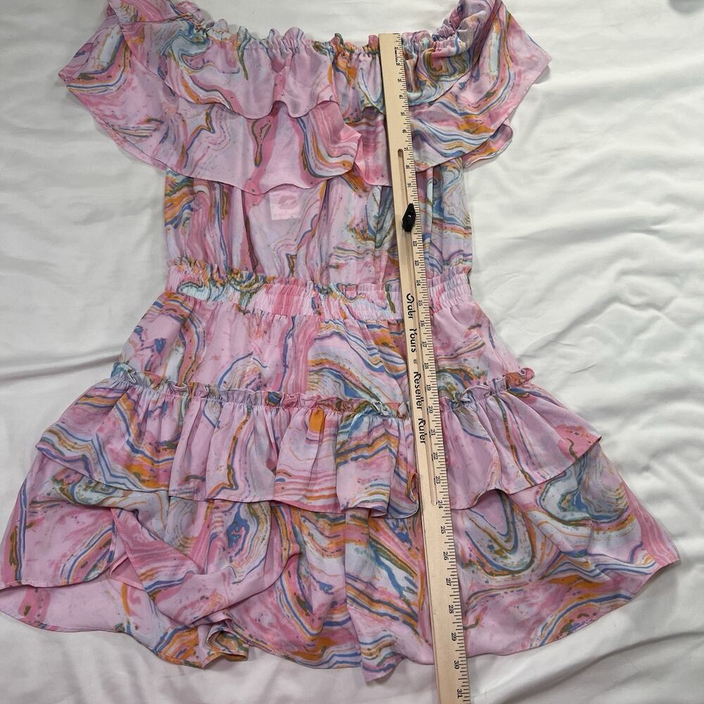 Buddy Love Dress Size M Pink Swirl Off Shoulder Smocked Waist Chiffon Mini NWT - Picture 12 of 12